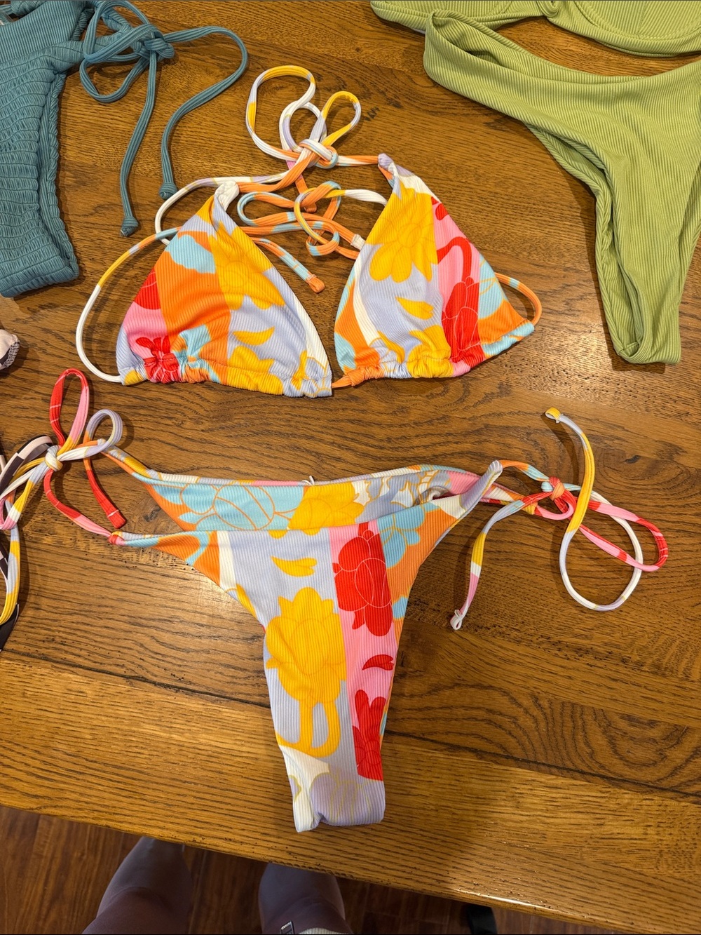 Zaful Size Small Bikinis - pink checkerboard, bright floral print, green & blue - Picture 4 of 5